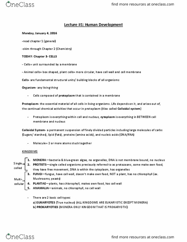 NATS 1675 Lecture Notes - Lecture 1: Protoplasm, Organism, Monera thumbnail