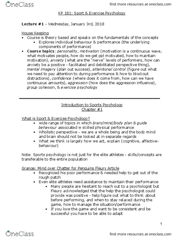 KP181 Lecture Notes - Lecture 10: Sport Psychology, Blockout, Controllability thumbnail