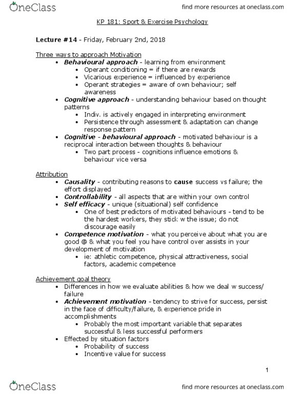 KP181 Lecture Notes - Lecture 14: Physical Attractiveness, Operant Conditioning, Controllability thumbnail