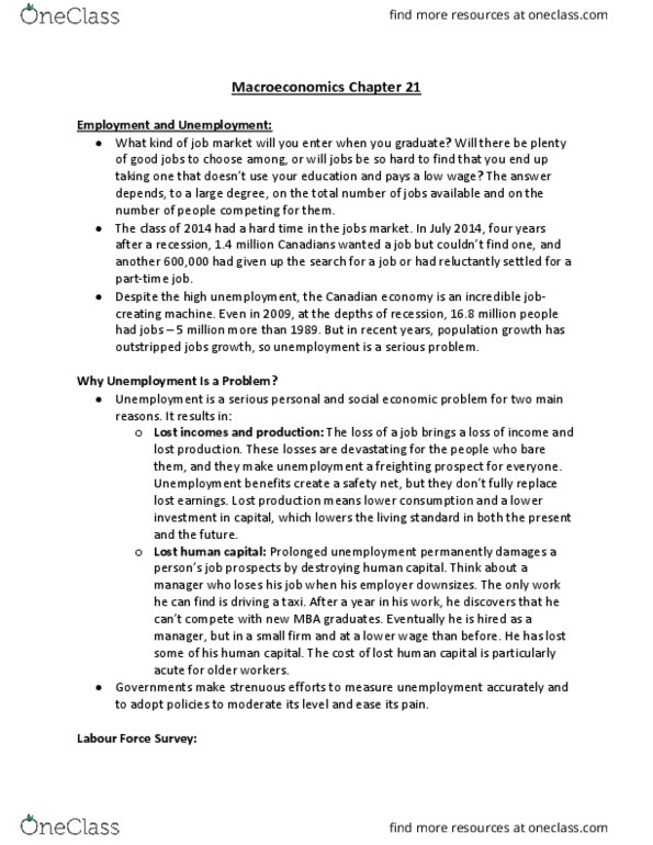 ECON 1010 Chapter Notes - Chapter 21: Labour Force Survey, Full Employment, Unemployment Benefits thumbnail