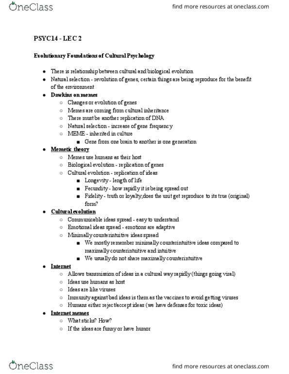 PSYC14H3 Lecture Notes - Lecture 2: Internment Of Japanese Americans, High Fidelity, Cultural Evolution thumbnail