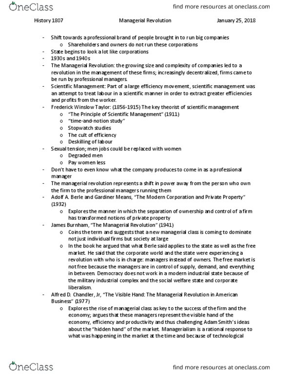 History 1807 Lecture Notes - Lecture 12: Frederick Winslow Taylor, James Burnham, Gardiner Means thumbnail