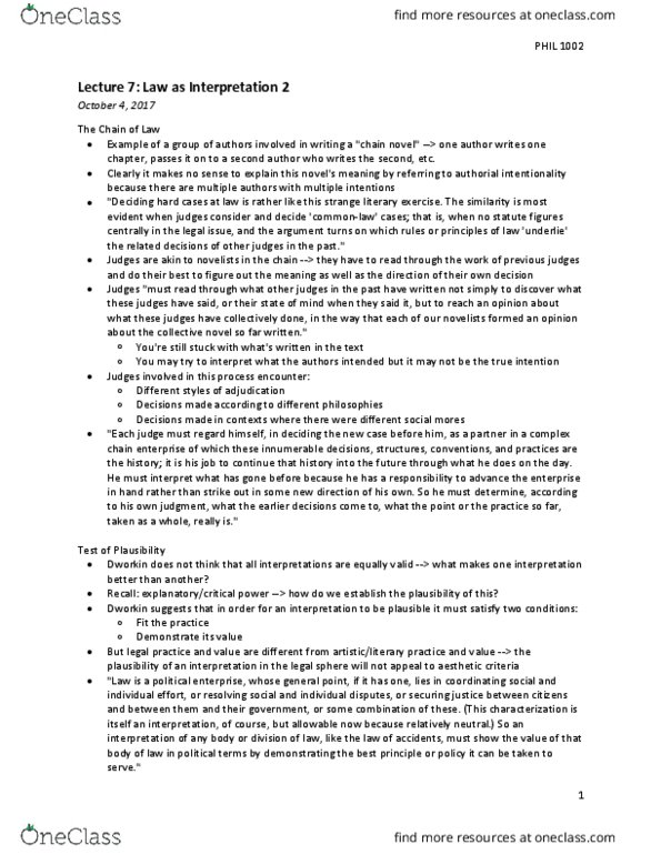 PHIL 1002 Lecture Notes - Lecture 7: Intentionality, Argument From Analogy, Equal Protection Clause thumbnail