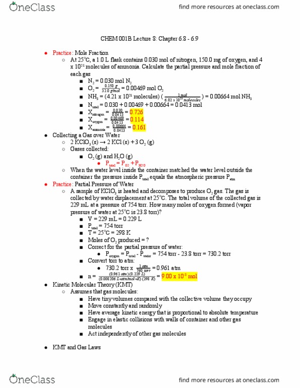 CHEM 001B Lecture Notes - Lecture 8: Kinetic Theory Of Gases, Torr, Partial Pressure thumbnail