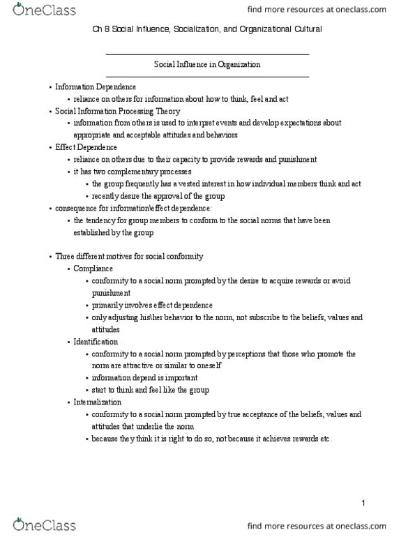 PSYCH238 Chapter Notes - Chapter 8: Social Influence, Onboarding, Organizational Culture thumbnail
