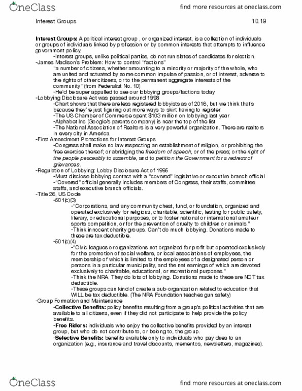 POLITSC 1100 Lecture Notes - Lecture 14: Lobbying Disclosure Act Of 1995, Federalist No. 10, Gun Safety thumbnail