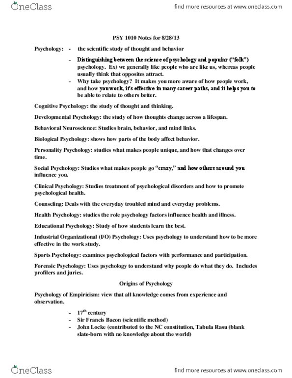 PSY 1010 Lecture Notes - Psychoanalysis, Francis Bacon, Empiricism thumbnail