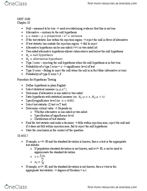 MGT-3100 Lecture Notes - Lecture 1: Type I And Type Ii Errors, Null Hypothesis, Test Statistic thumbnail