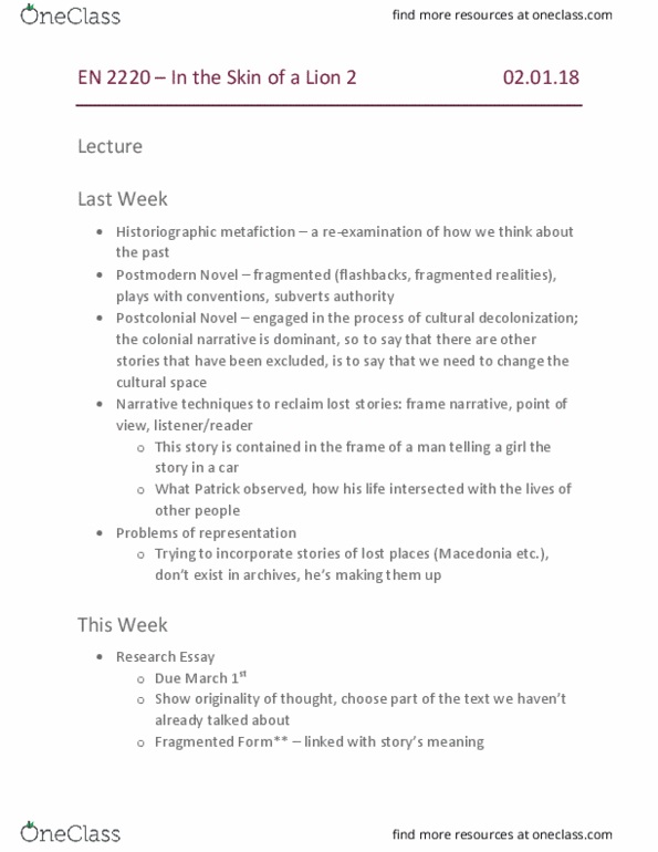 EN 2220 Lecture Notes - Lecture 4: Frame Story, Metafiction, Community Building thumbnail