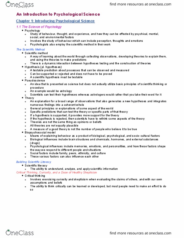 PSYCH101 Lecture Notes - Lecture 1: Scientific Literacy, Biopsychosocial Model, Psychological Science thumbnail