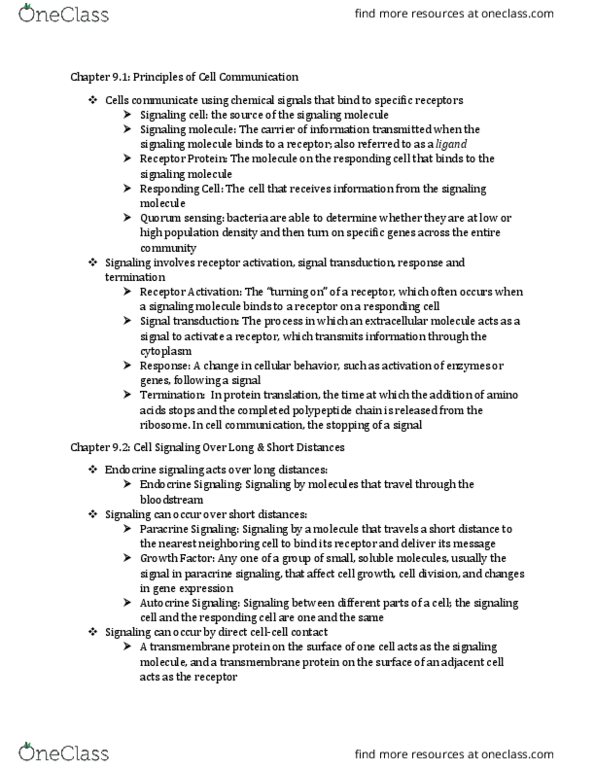 LIFESCI 7C Chapter Notes - Chapter 9.1 - 9.3: Paracrine Signalling, Transmembrane Protein, Signal Transduction thumbnail