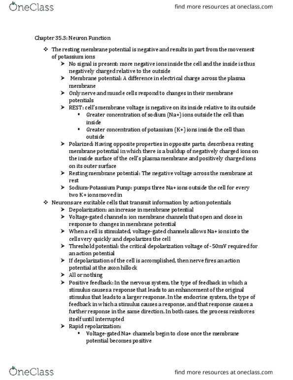 LIFESCI 7C Chapter Notes - Chapter 35.2: Resting Potential, Axon Hillock, Cell Membrane thumbnail