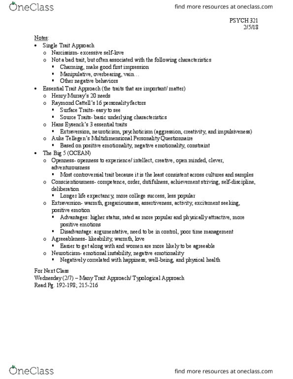 PSYCH 321 Lecture Notes - Lecture 11: 16Pf Questionnaire, Psychoticism, Narcissism thumbnail
