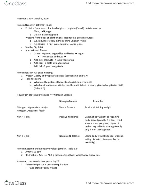 NUTR 120 Lecture Notes - Lecture 14: Methionine, Lysine, Plat thumbnail