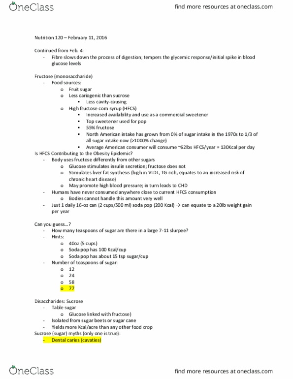 NUTR 120 Lecture Notes - Lecture 11: High Fructose Corn Syrup, Soft Drink, Dental Caries thumbnail