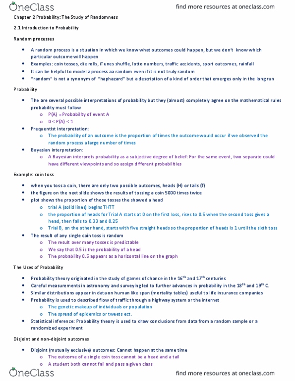 STAT 124 Lecture Notes - Lecture 2: Mutual Exclusivity, Sample Space, Probability Theory thumbnail