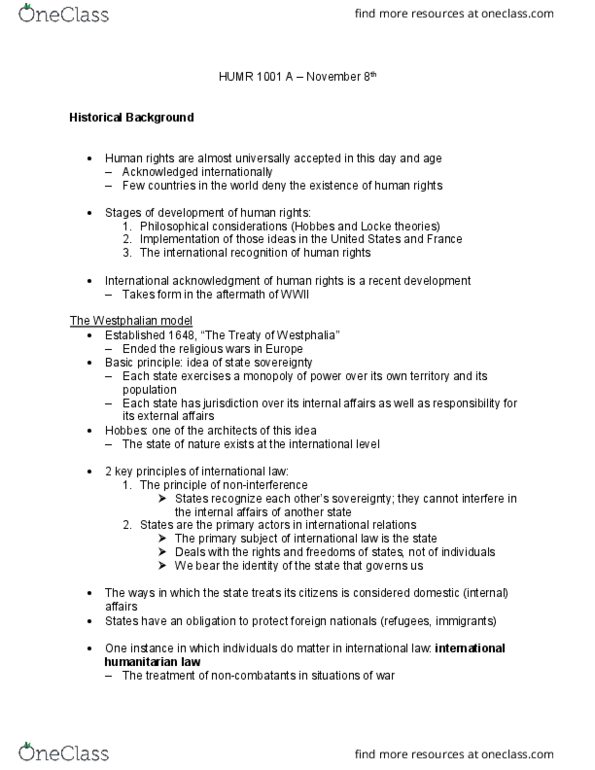 HUMR 1001 Lecture Notes - Lecture 9: International Humanitarian Law, Civil Liberties, United Nations Charter thumbnail