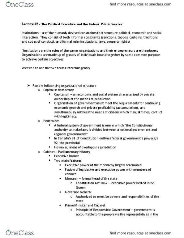 PAPM 2000 Lecture Notes - Lecture 2: Collective Responsibility, Responsible Government, Treasury Board thumbnail