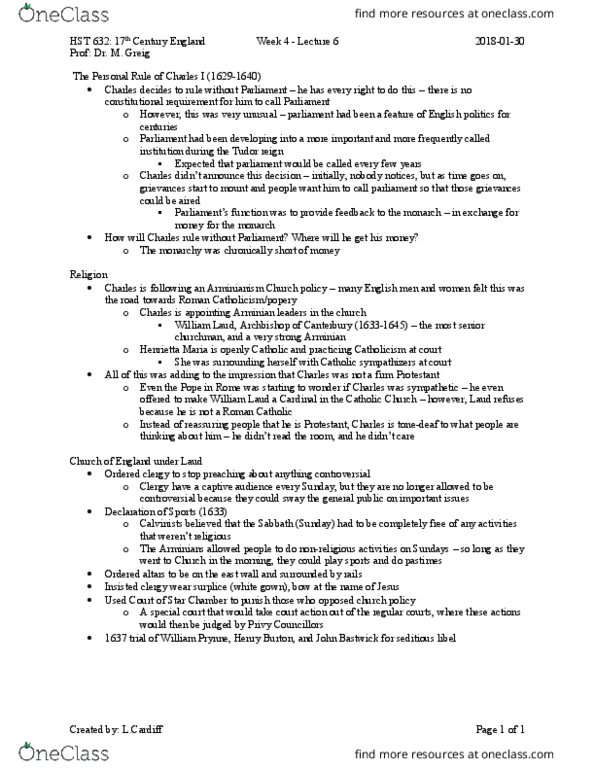 HST 632 Lecture Notes - Lecture 6: William Laud, Personal Rule, Calvinism thumbnail