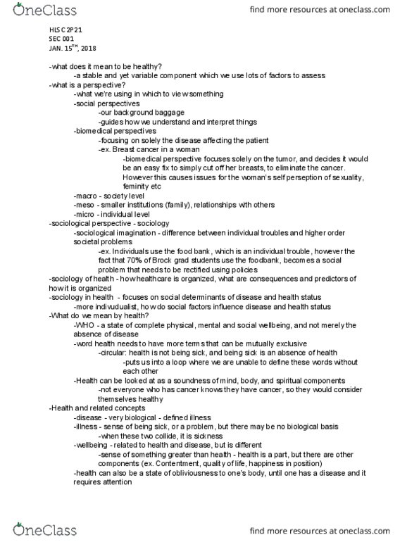 HLSC 2P21 Lecture Notes - Lecture 1: Breast Cancer, Food Bank, Structural Functionalism thumbnail