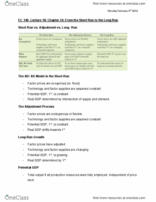 EC140 Lecture Notes - Lecture 10: Potential Output, Output Gap, Longrun thumbnail