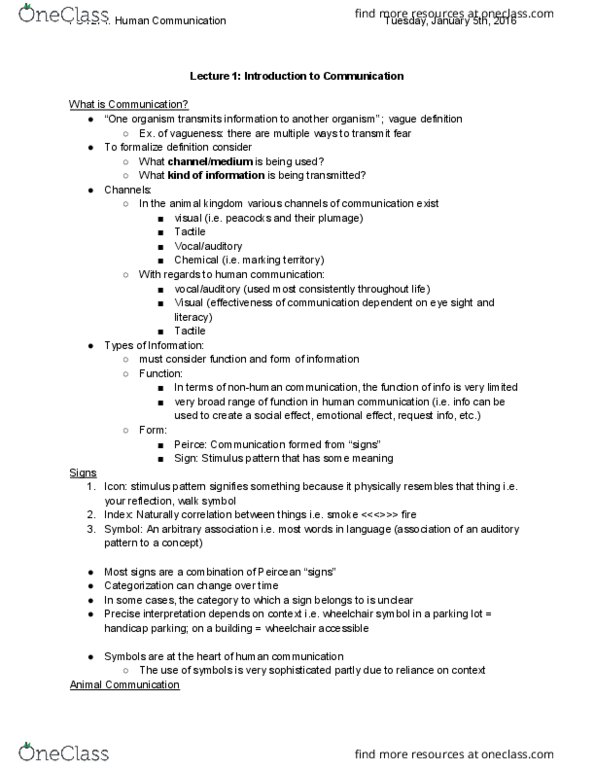 PSY274H5 Lecture Notes - Lecture 1: Animal Communication, Arbitrariness, Kanzi thumbnail