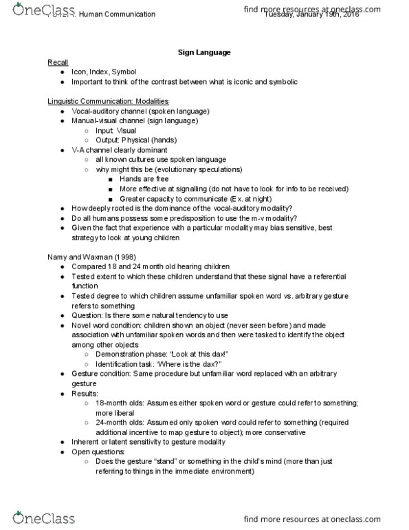 PSY274H5 Lecture Notes - Lecture 3: Spoken Language, Manual Communication, Iconicity thumbnail