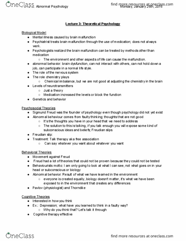 PSY240H5 Lecture Notes - Lecture 3: Freudian Slip, Sigmund Freud, Cognitive Therapy thumbnail