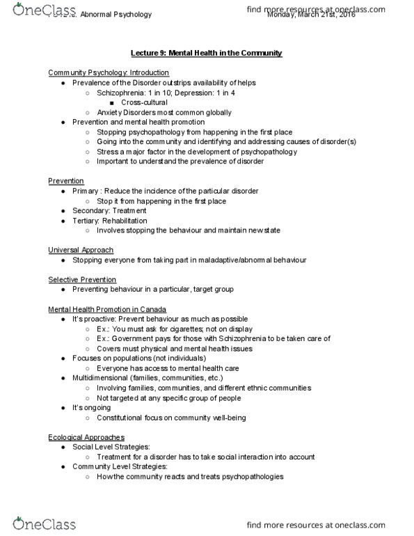 PSY240H5 Lecture Notes - Lecture 9: Mental Disorder, Community Psychology, Psychopathology thumbnail