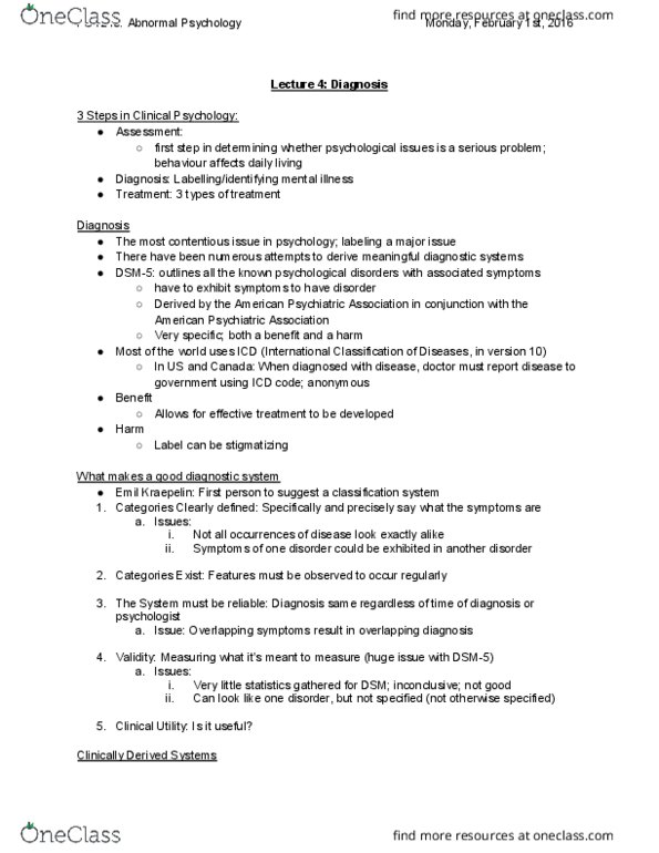 PSY240H5 Lecture Notes - Lecture 4: American Psychiatric Association, Emil Kraepelin, Dsm-5 thumbnail