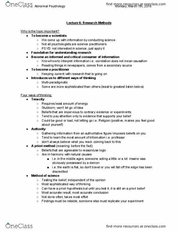 PSY240H5 Lecture Notes - Lecture 6: A Priori And A Posteriori, Doctor Of Psychology, Secondary Source thumbnail