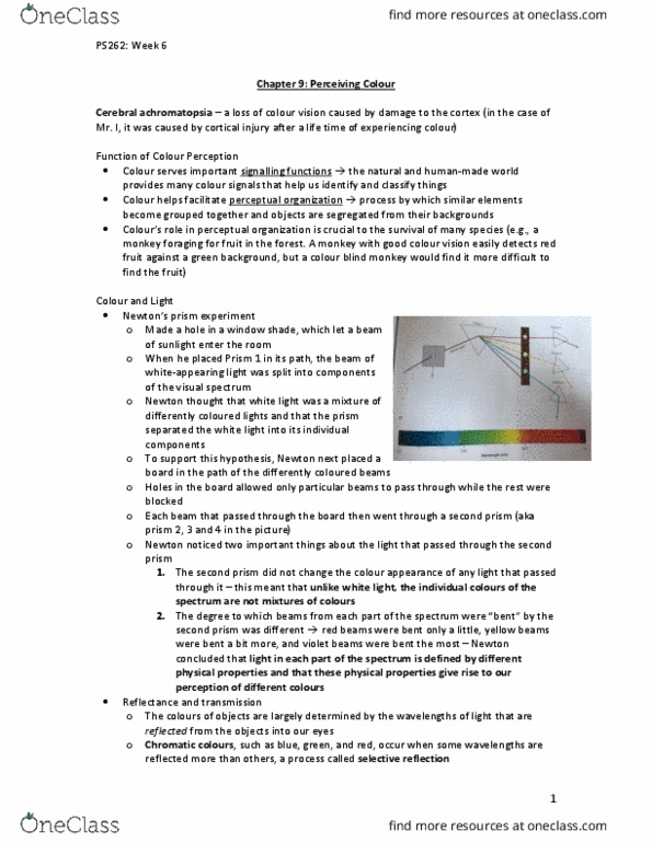 PS262 Chapter Notes - Chapter 9: Subtractive Color, Red, Color Vision thumbnail