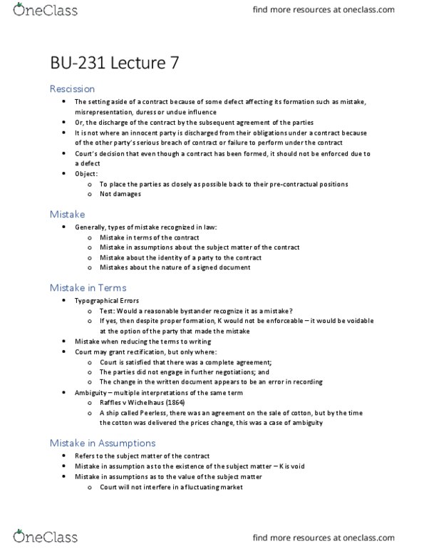 BU231 Lecture Notes - Lecture 7: Rescission thumbnail