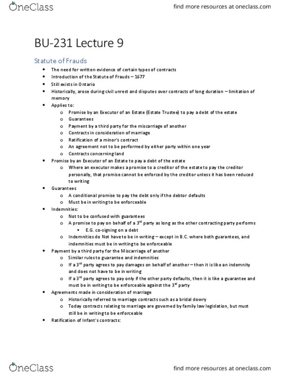 BU231 Lecture Notes - Lecture 9: Miscarriage, Oral Contract thumbnail