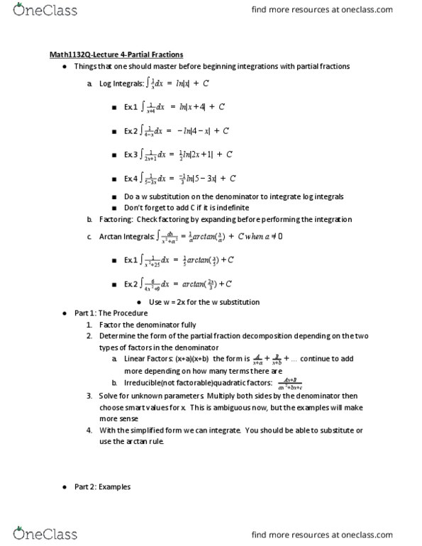 MATH 1132Q Lecture Notes - Lecture 4: Partial Fraction Decomposition, Inverse Trigonometric Functions, 4Dx thumbnail