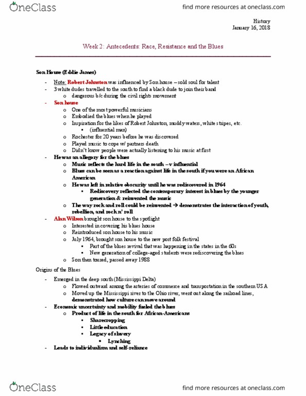 History 2134A/B Lecture Notes - Lecture 1: Son House, Texas Blues, Delta Blues thumbnail