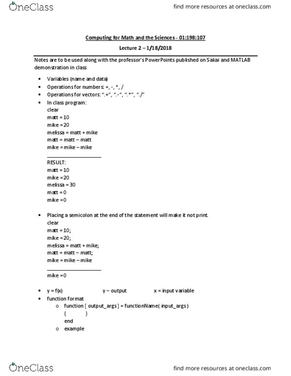 01:198:107 Lecture Notes - Lecture 2: Matlab, Semicolon thumbnail