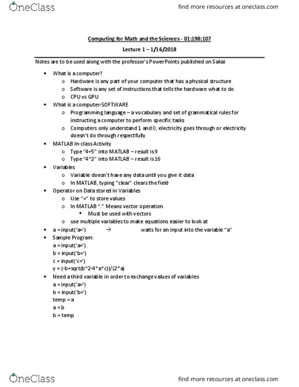 01:198:107 Lecture Notes - Lecture 1: Matlab, Programming Language thumbnail