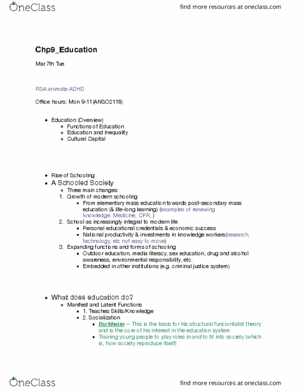 SOCI 102 Chapter Notes - Chapter chapter9: Outdoor Education, Social Inequality, Cultural Capital thumbnail