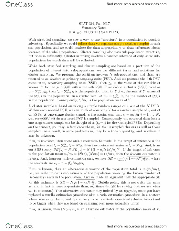 STAT 344 Chapter Notes - Chapter uni5: Simple Random Sample, Cluster Sampling, Implementation Force thumbnail