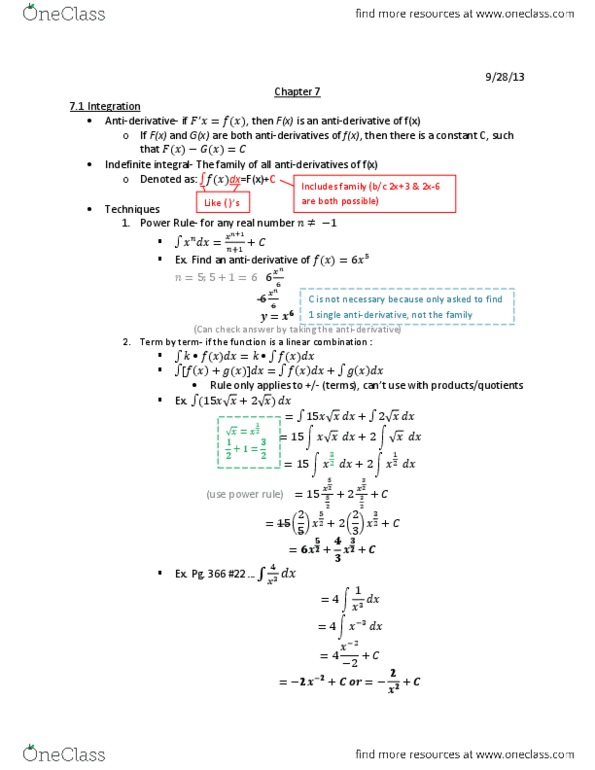 MATH 020 Lecture Notes - Antiderivative, Power Rule, Linear Combination thumbnail