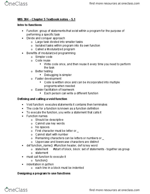 MIS 304 Chapter Notes - Chapter 5: Code Reuse, Structure Chart, Local Variable thumbnail