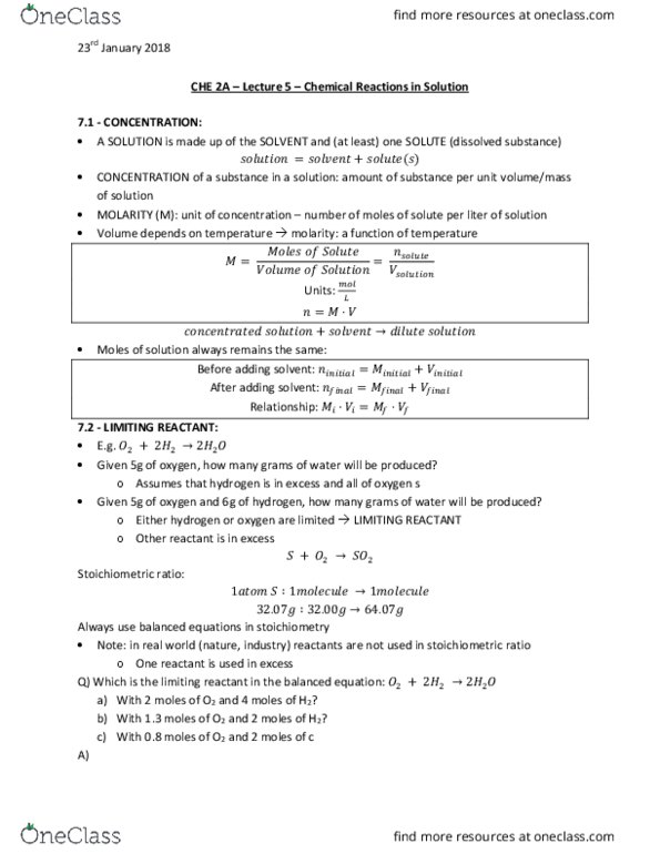 CHE 2A Lecture Notes - Lecture 5: Limiting Reagent, Structural Formula, Ion thumbnail