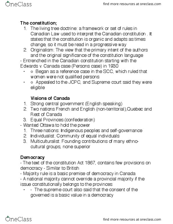POL214Y1 Lecture Notes - Lecture 2: Living Tree Doctrine, Parliamentary Sovereignty, Quebec Act thumbnail
