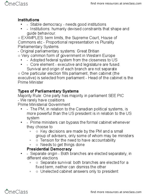 POL214Y1 Lecture Notes - Lecture 3: Cabinet (Government), Parliamentary System, Divided Government thumbnail