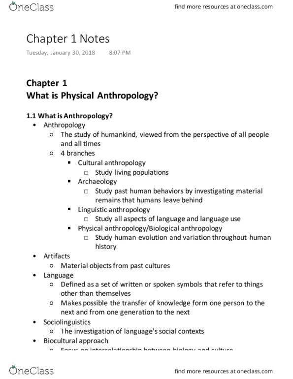 ANTH 101 Chapter Notes - Chapter 1: Human Evolution, Linguistic Anthropology, Cultural Anthropology thumbnail