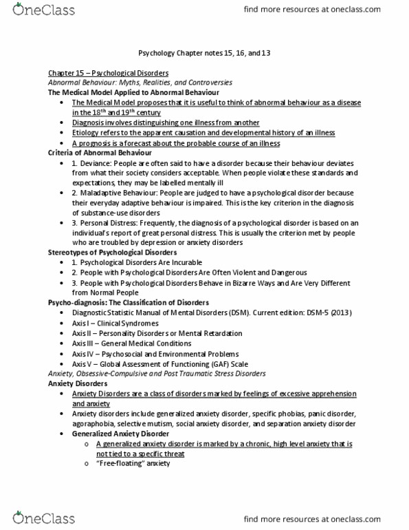 PSYC 1010 Chapter Notes - Chapter 13,15,16: Major Depressive Disorder, Premenstrual Dysphoric Disorder, Generalized Anxiety Disorder thumbnail