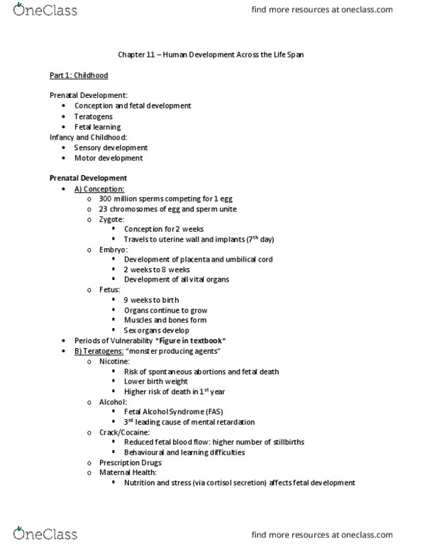 PSYC 1010 Chapter Notes - Chapter 11: Fetal Alcohol Spectrum Disorder, Umbilical Cord, Prenatal Development thumbnail