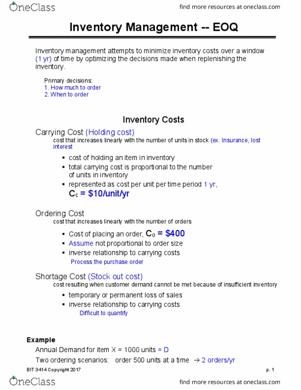 BIT 3414 Lecture Notes - Lecture 13: Economic Order Quantity, Purchase Order, Lead Time thumbnail