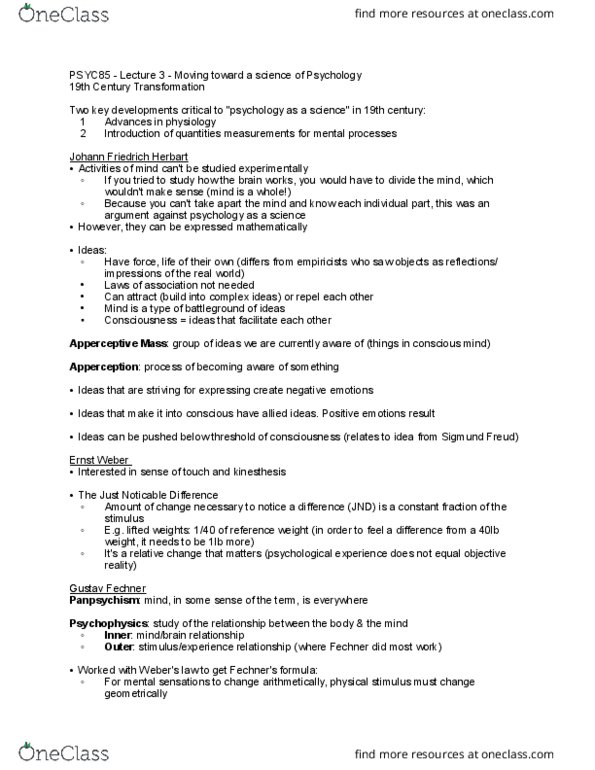 PSYC85H3 Lecture Notes - Lecture 3: Johann Friedrich Herbart, Sigmund Freud, Panpsychism thumbnail